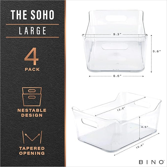 BINO | Plastic Organizer Bins, Large - 4 Pack | The SOHO Collection | Multi-Use | Pantry & Freezer Organizer Bins | Plastic Storage Containers for Home & Kitchen Org
