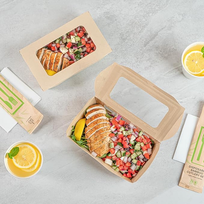 Restaurantware-Sustain 35 Ounce Sturdy Paper Take Out Boxes, 50 Disposable Take Out Food Containers - With PLA lining, Two Clear PLA Windows, Bamboo Paper Containers, Compostable, Tab-Lock Design