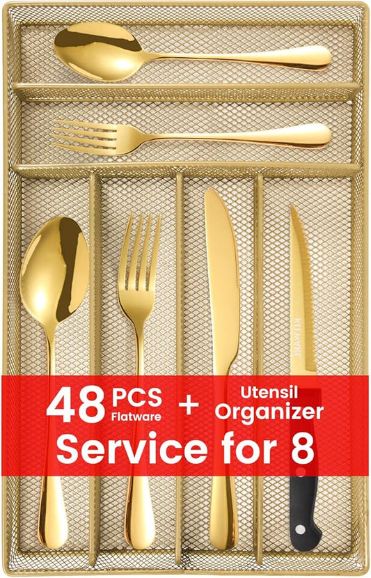 48 pcs Gold Silverware Set with Organizer, Stainless Steel Flatware with Steak Knife for 8, KITWARE Utensil Cutlery with Metal Tray, Home Kitchen Knife Fork Spoon, Mirror Polished