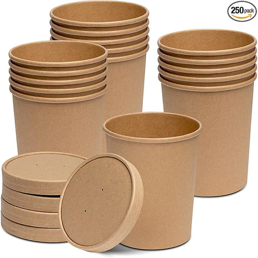 GUSTO [32 oz. - 25 Count Kraft Paper Food Containers with Vented Lids - To Go Hot Soup Bowls, Disposable Ice Cream Cups, Ideal for Hot and Cold Foods - (Formerly Comfy Package)