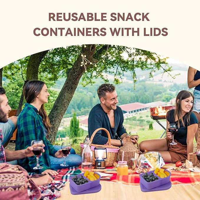 1 Pcs Silicone Reusable Snack Containers, 2-Compartment Dipping Containers with Lid,For refrigerated, outdoor takeout, portion controlled snack sauce containers (Purple,1 Pcs)