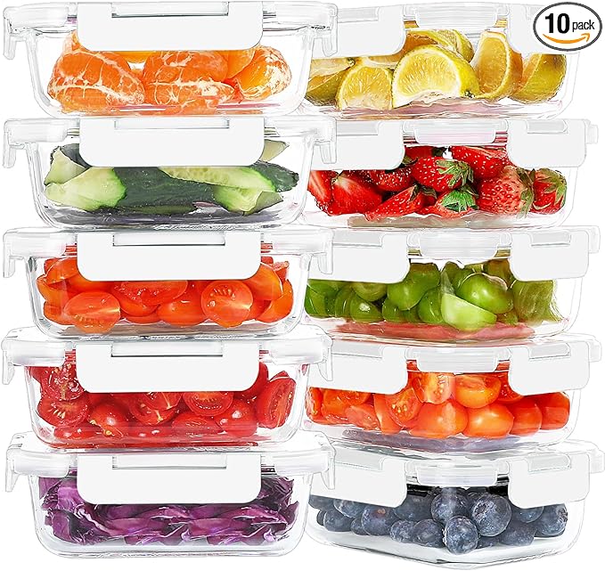 10 Packs 22 oz Glass Meal Prep Containers, Glass Food Storage Containers with Lids, Airtight Lunch Boxes BPA Free, Microwave and Freezer Safe, White