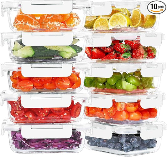 10 Packs 22 oz Glass Meal Prep Containers, Glass Food Storage Containers with Lids, Airtight Lunch Boxes BPA Free, Microwave and Freezer Safe, White
