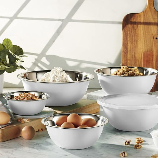 WHYSKO Stainless Steel Mixing Bowl Set, 10 Piece Stainless Steel Mixing Bowls with Lids Set for Food Prep Storage and Serving, Dishwasher Safe Microwave Safe for Kitchen Baking Cooking, White