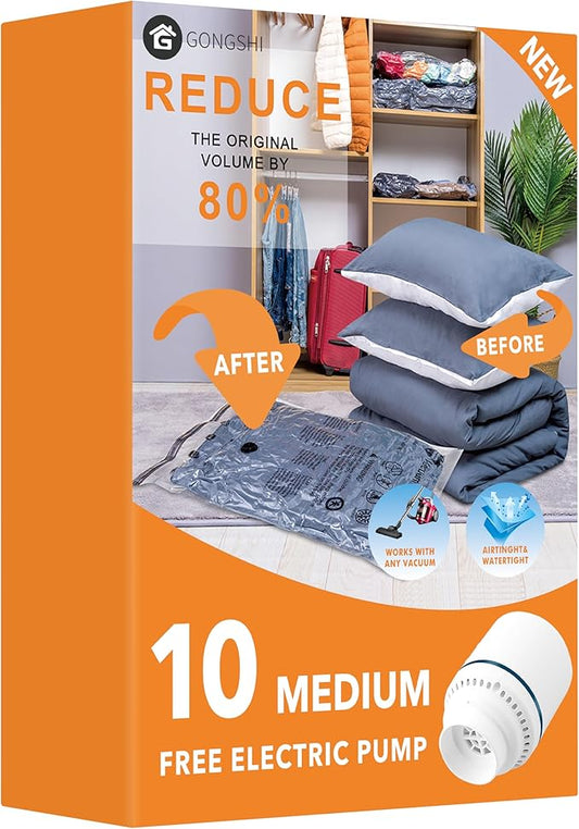 10 Medimu Vacuum Storage Bags with Electric Pump, Space Saver Sealer Compression Bags for Blankets, Comforters, Pillows, Clothes Storage