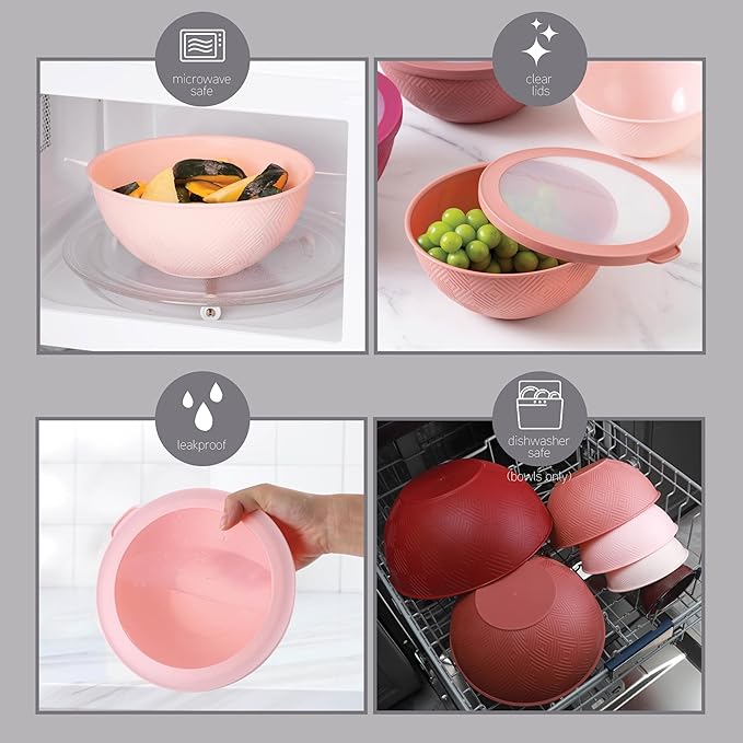 COOK WITH COLOR Mixing Bowls with Lids - 12 Piece Plastic Nesting Bowls Set includes 6 Prep Bowls and 6 Lids, Non Slip Bottom and Rhombus Design - Microwave Safe (Rose)