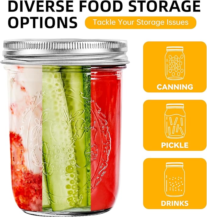 Mason Jars 16 oz with Lids, 12Pcs Wide Mouth Glass Canning Jars with Airtight Lids and Bands, Overnight Oats Containers for Pickling, Freezing, Preserving, Meal Prep, Jar Décor