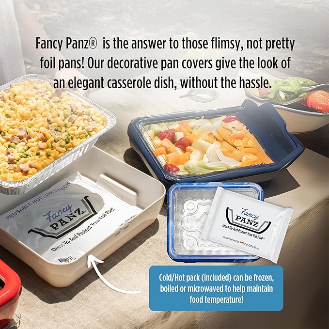 Fancy Panz Premium, Serving Tray for Food, Made in The USA Foil Pan Carrier, Stackable Aluminum Pan Holders, Travel Casserole Carrier, Blue Marble