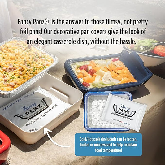 Fancy Panz Premium, Serving Tray for Food, Made in The USA Foil Pan Carrier, Stackable Aluminum Pan Holders, Travel Casserole Carrier, Blue Marble