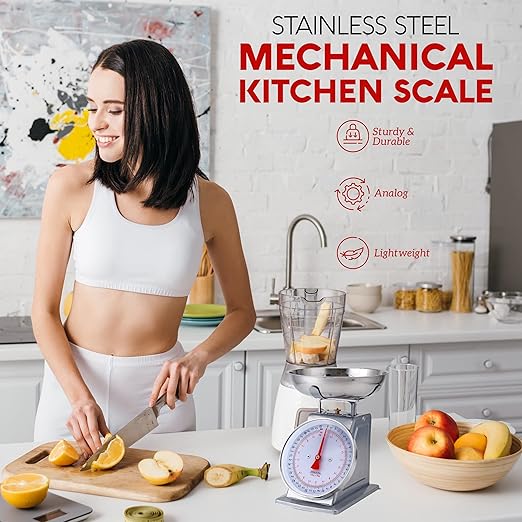 Alpine Cuisine Stainless Steel Analog Kitchen Scale Silver - Mechanical Weighing Food Scale Weighs Up to 22 Lbs, Analog- Measures Grams and Ounces