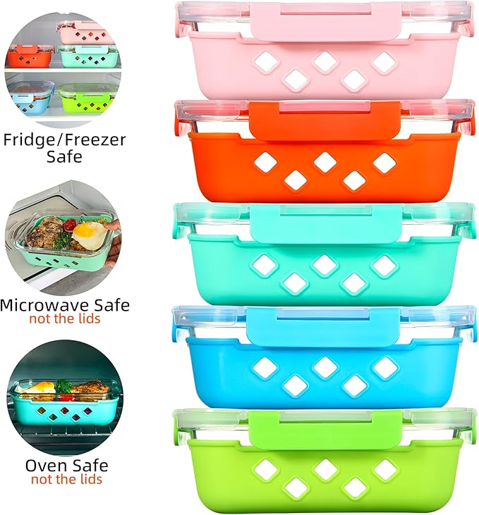 Divided Glass Storage Containers with Silicone Sleeve for Lunch, Glass Meal Prep Containers 2 Compartment with Lids (5 Pack, 34oz), Leak-Proof Portion Control Food Containers, Dishwasher Safe
