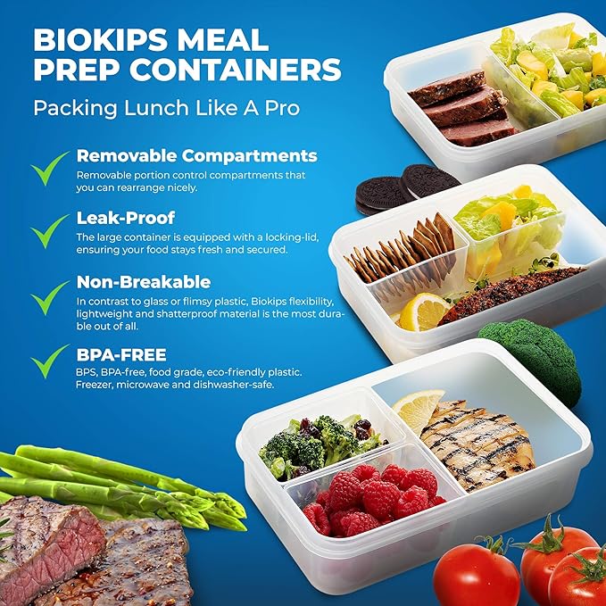 Komax Biokips Set of 3 Lunch Containers – 3 Compartment Food Container for Meal Prep, Portion Control – Microwave & Dishwasher Safe Bento Box Adult Lunch Container w/Locking Lid (37 oz)
