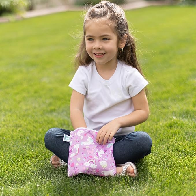 Bumkins Reusable Sandwich and Snack Bags, for Kids School Lunch and for Adults Portion, Washable Fabric, Waterproof Cloth Zip Bag, Travel Pouch, Food-Safe Storage, 4-pack Unicorns and Rainbows