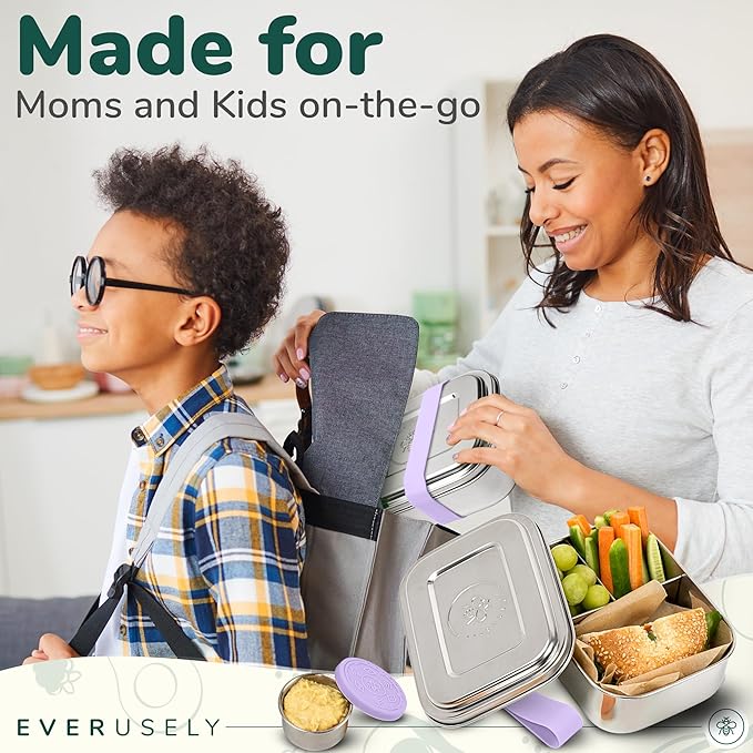 Everusely - Bento Box for Kids - Lavender, 6.5x4.7 / 27oz - Stainless Steel Lunch Box w/Leakproof Condiment Container - 3 Compartment Snack Box for School, Office Meals - Freezer & Dishwasher Safe