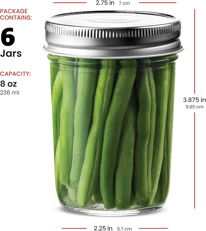 Paksh Novelty Glass Regular Mouth Mason Jars, 8 Oz Jars with Silver Metal Airtight Lids for Meal Prep, Dry Food Storage, Canning, Drinking, for Overnight Oats, Jelly, Spices, Salads, Yogurt (6 Pack)