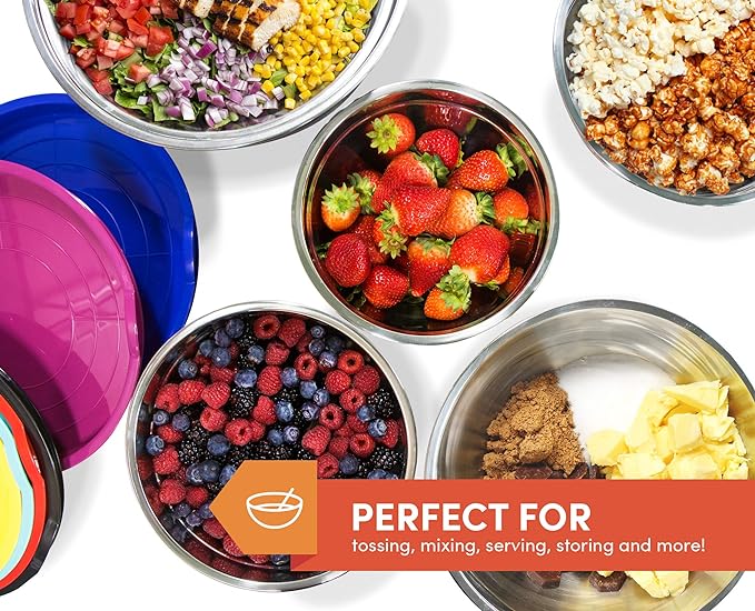 Elite Gourmet by EBS-0012 12-Piece Stainless Steel Interior Colored Stackable Nesting Mixing Bowls with Airtight Lids (Set of 6) Space Saving Food Storage, Baking, Melting Chocolate, Multi-Colors