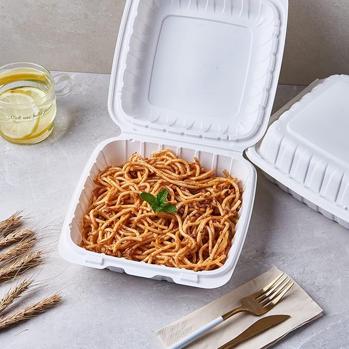 FULING [8x8-Inch, 50 Pieces Disposable To Go Box Containers, Plastic Clamshell Takeout Food Trays, Microwave Safe, Cut Resistantstable Hinged Lid, Hybrid Polypropylene, White