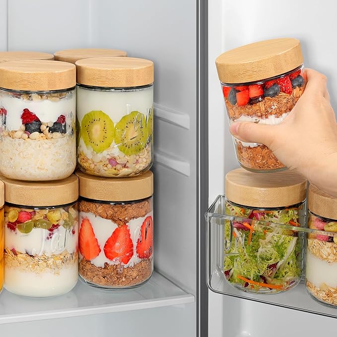 6-Pack Overnight Oats Containers with Bamboo Lids, 16oz Airtight Glass Meal Prep Jars for Oatmeal, Yogurt, Parfaits, Chia Pudding, Leakproof Mason Jars for Overnight Oats & Food Storage