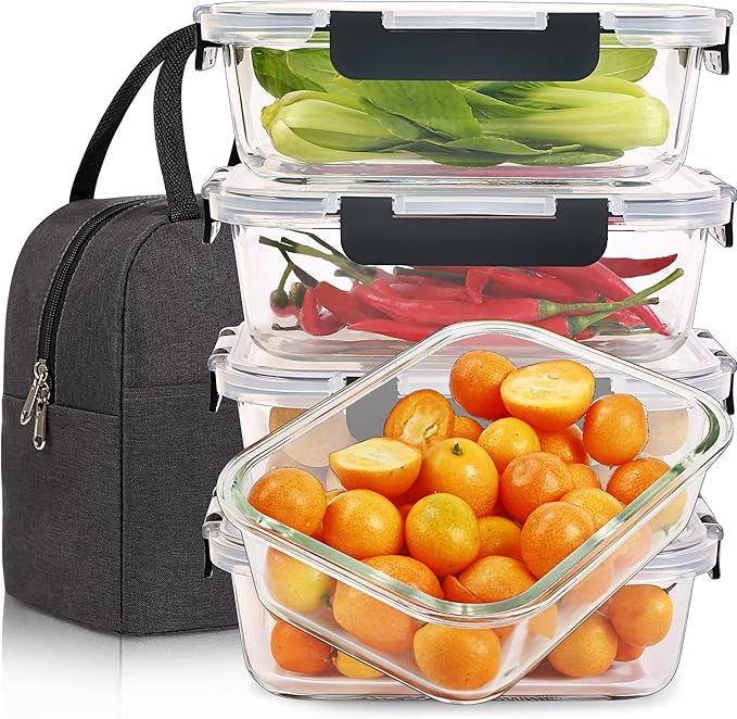 DAS TRUST [5-Packs, 36 Oz Glass Meal Prep Containers with Snap Locking Lids Glass Food Containers,Airtight Lunch Container,Microwave, Oven, Freezer and Dishwasher (4.5 Cup, Black)