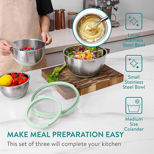 Navaris Set of 3 Stainless Steel Bowls with Lids & Colander - Large & Small Bowl with Lid & Non-Slip Base - Ideal for Mixing, Baking, and Serving Salad & Fruit - Metal & Mint Green