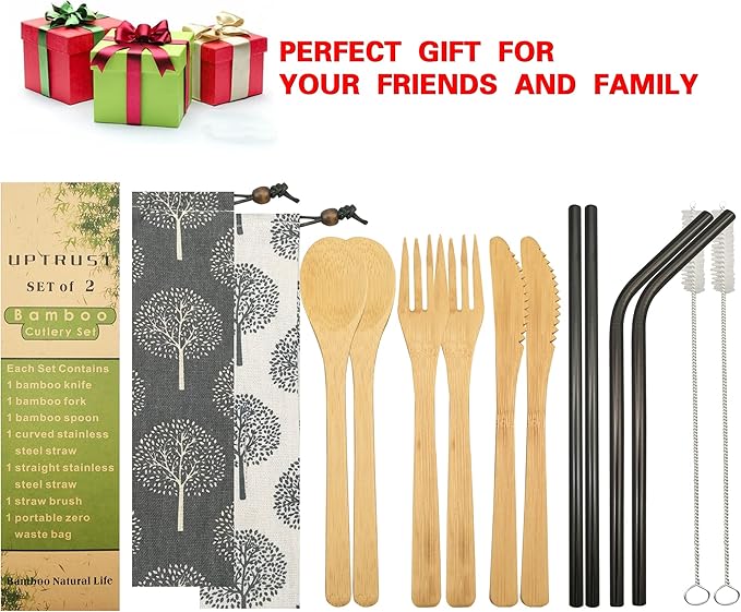 UPTRUST 2 Set Reusable Bamboo Cutlery Set - 6-Piece Flatware with 7.8 Inch Bamboo Knife, Fork, Spoon - 3 Colors Metal Straw and Clean Brush