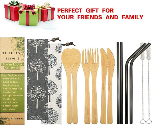 UPTRUST 2 Set Reusable Bamboo Cutlery Set - 6-Piece Flatware with 7.8 Inch Bamboo Knife, Fork, Spoon - 3 Colors Metal Straw and Clean Brush