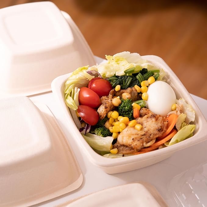 Paper Bowls 24 oz - Disposable Heavy Duty Compostable Square Bagasse Bowls for Salad, Chili, Poke, Burrito, Cereal, Pasta, Dessert, Biodegradable Meal Prep Containers with Lids, 25 Pack
