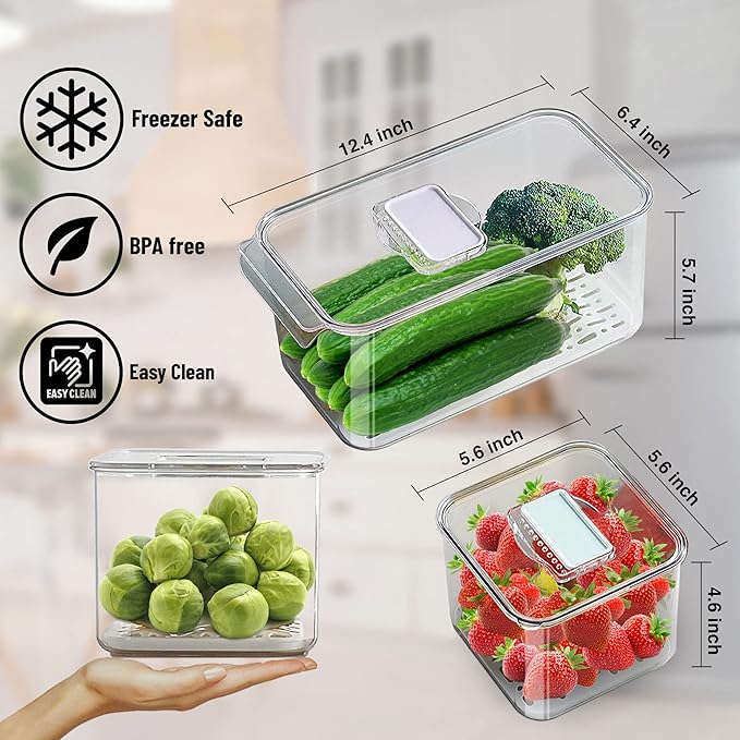 Produce Saver Containers for Refrigerator, Food Fruit Vegetables storage, 3 Pcs Stackable Freezer Fridge Organizer, Fresh Keeper Drawer Bin Basket with Vented Lids & Removable Drain Tray