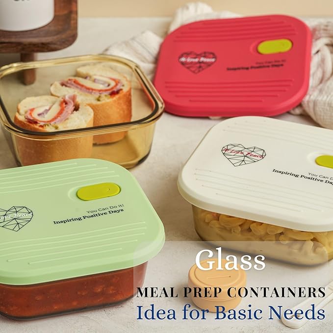 AI LOVE PEACE Microwave Safe Glass Lunch Container - 3.25 Cup Reusable Meal Prep & Freezer Storage Container with Vented Lid - BPA-Free - Ideal Bento Box for Adults, Portion Control Green