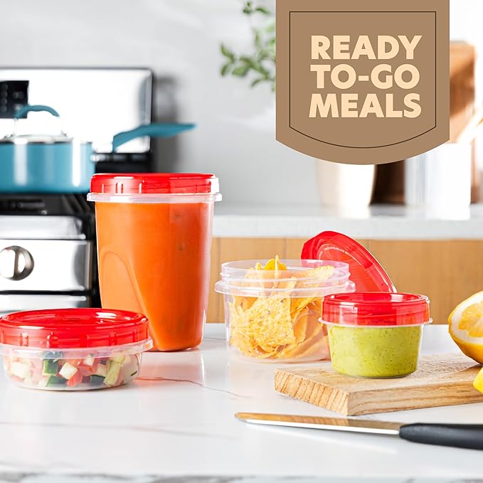 PLASTICPRO 24 Pack Twist Top Containers Assorted Sizes Plastic Food Storage Containers with Red Twist on Lids Stackable Reusable