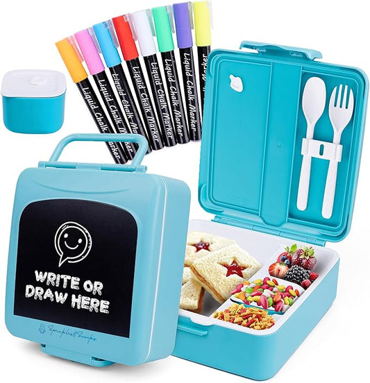 Chalkboard Kid Lunch Box for Girls & Boys - Leak-Proof Kids Lunchbox with Removable Compartment Tray, Lid Container & Utensils - BPA-Free Lunch Box Containers for Kids for School, Daycare - Blue