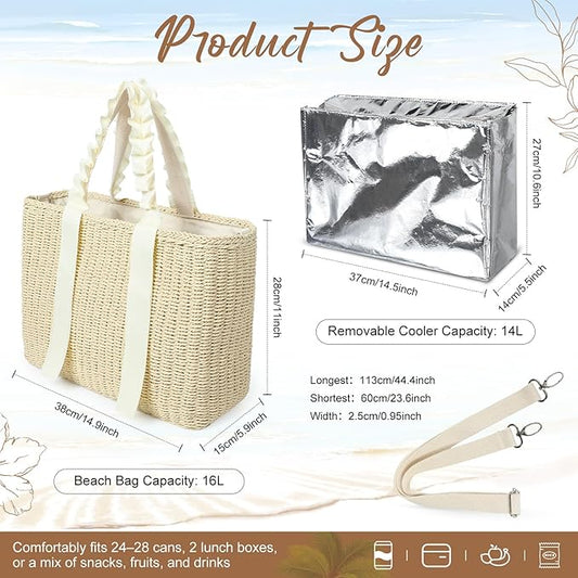 14L Large Insulated Beach Cooler Bag with Removable Liner, Natural Corn Husk Straw Travel Tote for Women, Picnic Lunch Bag, Bride Wedding Gift