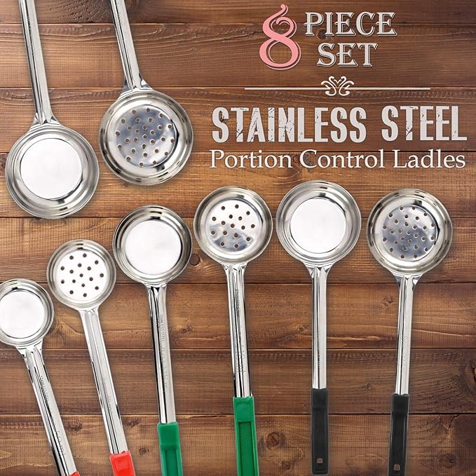 Portion Control Serving Spoons, Serving Utensils, Set of 8, Measuring Serving Utensils for Restaurants, Weight Loss, Gastric Sleeve, Bariatric Surgery Must Haves, 4 Solid & 4 Perforated Scoops