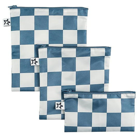Tiny Twinkle 3 Pack Reusable Snack Bags - Machine Washable, PFAS, PVC, BPA, Phthalate-Free Reusable Baby and Toddler Food Safe Snack Bags (Blue Checkers)