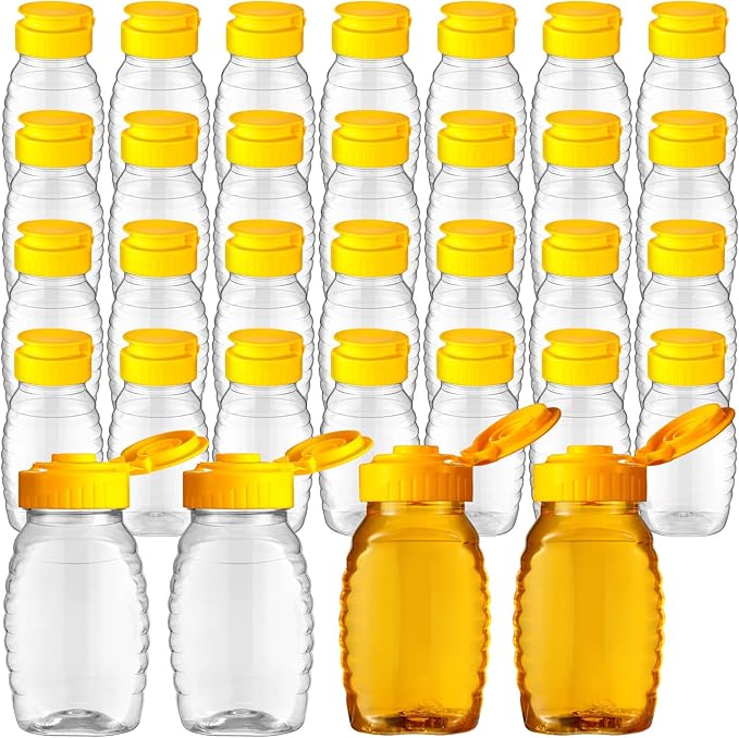 32 Pieces 5 oz Clear Plastic Honey Bottles Squeeze Honey Containers Jars Empty Refillable Honey Holder with Leak Proof Flip Lid for Storing and Dispensing Food Syrup Sauce