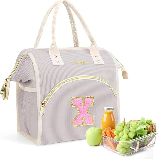 Personalized Initials Lunch Box for Women& Men, Preppy Reusable 10 L Insulated Lunch Bag, Leakproof Large Adults lunch tote Cooler Bags Insulated for Beach,Travel,Work, Picnic-Birthday Gifts（Gray X）