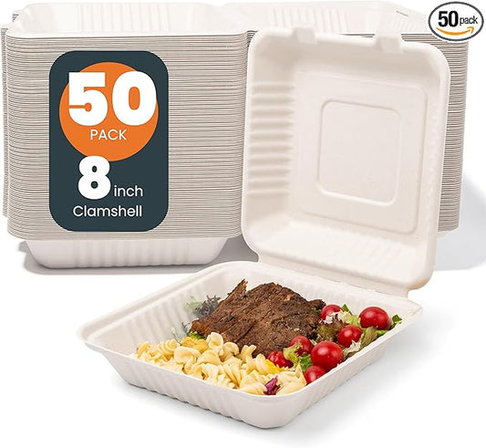 togo Containers Disposable - 50 Pcs 8" x 8" clamshell Take Out Food Containers 100% Compostable, White Biodegradable Meal Prep Box, To Go Containers with Lids for Food (1-Compartment)