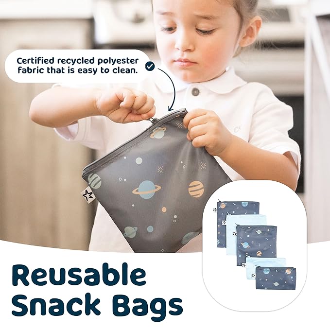 Tiny Twinkle 5 Pack Reusable Snack Bags - Machine Washable, PFAS, PVC, BPA, Phthalate-Free Reusable Baby and Toddler Food Safe Snack Bags (Space)