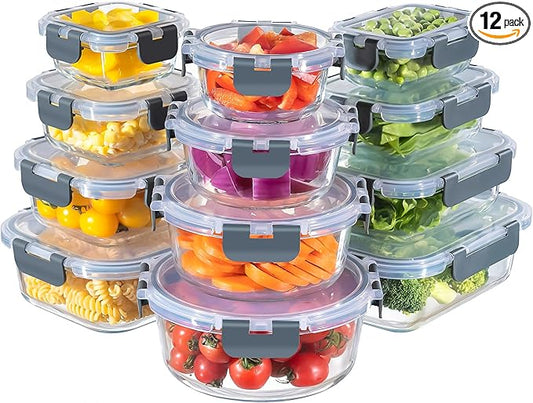 MFY 12-Pack Glass Storage Containers with Lids, Glass Meal Prep Containers Set, Airtight Lunch Containers with Lids, Microwave, Oven, Freezer and Dishwasher Safe, Gray