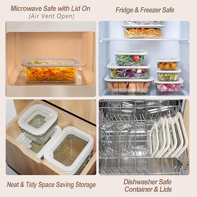 Urban Green Glass Food Storage Containers with Glass Lids, Microwave Safe Food Container Set, Airtight Meal Prep Containers, LeakProof, 100% Plastic Free, 6 Pack