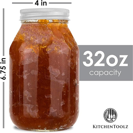 12 Pack of 32oz Regular Mouth Jelly Jam Glass Mason Jars and Metal Airtight Lids for Pickling, Fermenting, Canning and Storing. Containers for Pickles, Kombucha, Preserves, Sauces, Kefir, Fruits
