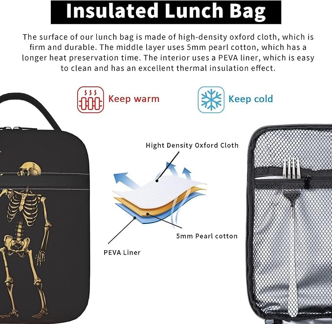Insulated Lunch Box for Kids Boys Girls, Reusable Lunch Bag for School, Office, Work, Picnic, Travel, Skeleton Lunch Box