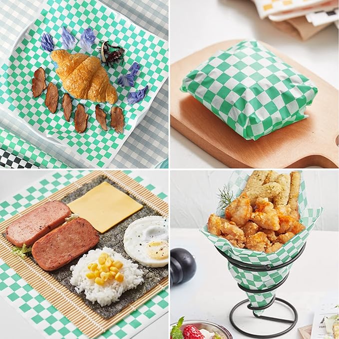 GeeRic Waxed Deli Paper Sheets 12 * 12 Inch, 200 Pcs Food Basket Liners for Sandwiches, Burgers, Checkered Deli Wrap Wax Paper Sheets Green