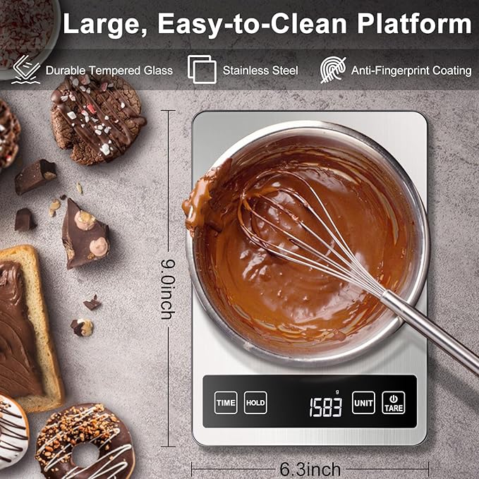 Fuzion Food Scale, 1g/0.1oz Kitchen Scale - 22lb, 7 Units, Tare & Timer Functions, Rechargeable Power, Tempered Glass & Stainless Steel - Digital Food Scale Grams and oz for Cooking, Baking