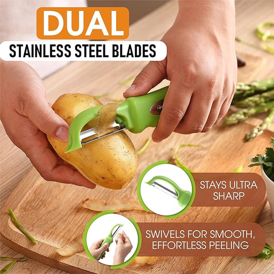 Spring Chef Premium Swivel Vegetable Peeler, Green & Stainless Steel Magnetic Measuring Cups, Set of 7, Black - 2 Product Bundle