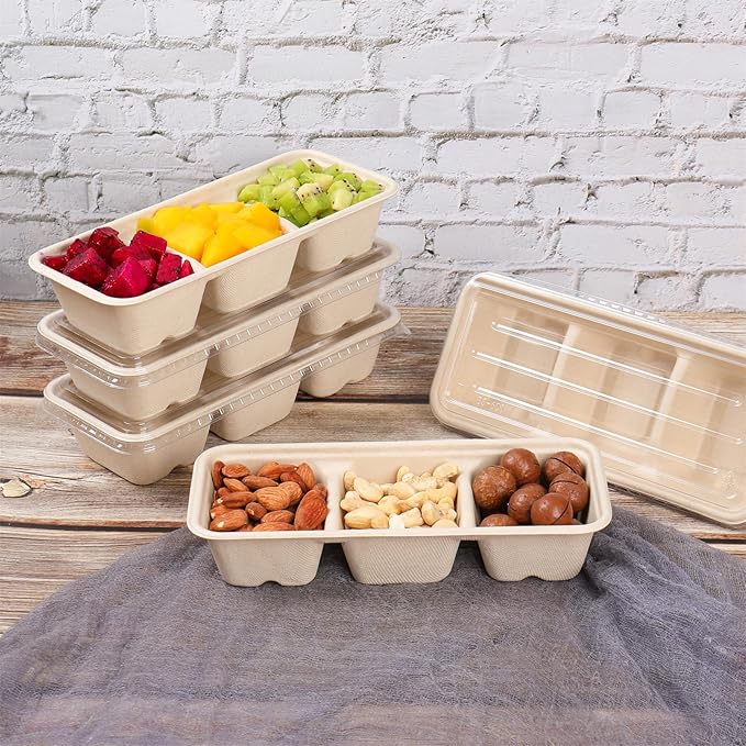 16oz disposable 3 compartments Sugarcane Fibers bowls with lid take away food containers Meal Prep Bowls 25 Pack