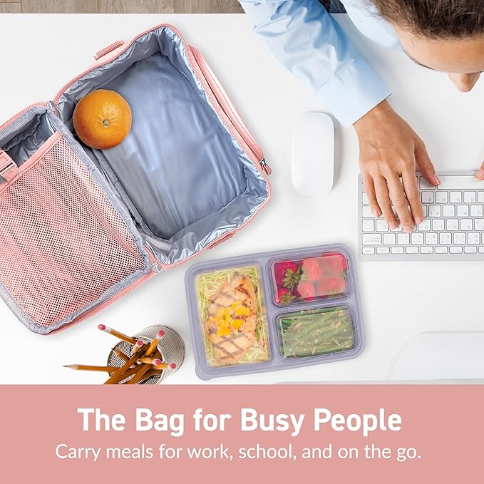 Bentgo Deluxe Lunch Bag - Durable and Insulated Lunch Tote with Zippered Outer Pocket, Internal Mesh Pocket, Padded & Adjustable Straps, & 2-Way Zippers - Fits Most Lunch Boxes (Blush)