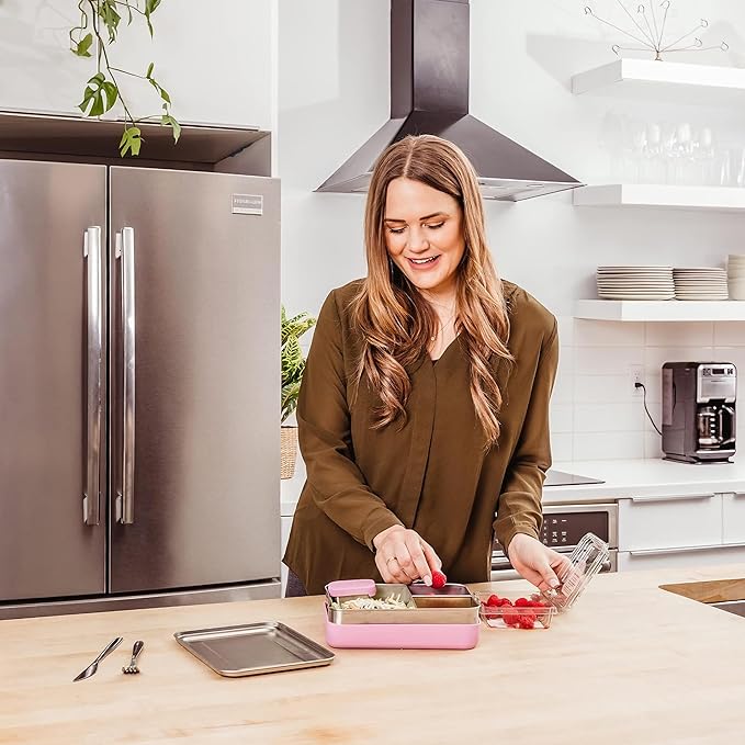 WeeSprout 18/8 Stainless Steel Bento Box (Large) - 3 Compartment Metal Lunch Box, for Kids & Adults, Bonus Dip Container, Fits in Lunch & Work Bags, Dishwasher & Freezer Friendly