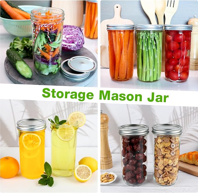 Wide Mouth Mason Jars 24 oz, 6 Pack 720ml Glass Canning Jars with Airtight Lids, Large Storage Jars with Labels Brush, Clear Mason Jars for Canning, Fermenting, Pickling, DIY Projects