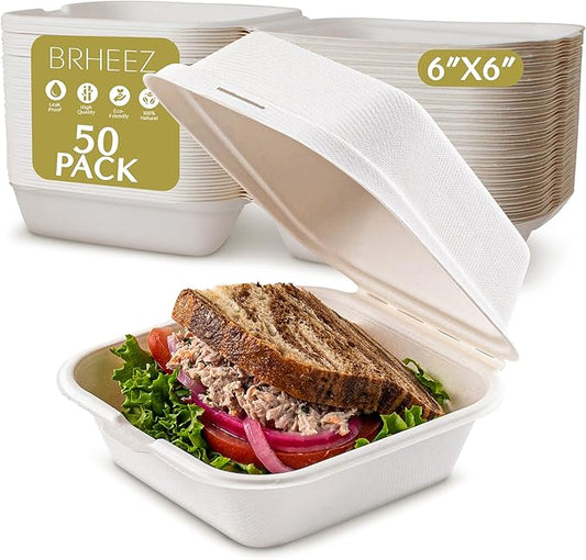 brheez Disposable Clamshell To Go Containers - Bagasse Fiber Biodegradable Containers with Lids for Takeout, Parties, & Holidays - Pack of 50 Chemical-Free, 1-Compartment Boxes, 6"x6", White